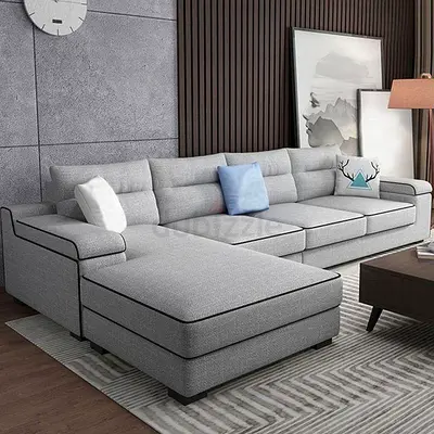 Large L-shaped Grey Fabric Corner Sofa with Chaise