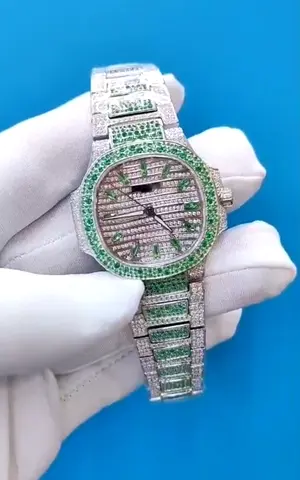 Parek Philippe Iced Silver Men’s  Master Copy Watch with Green Stones Full Pavé Bracelet, 36mm