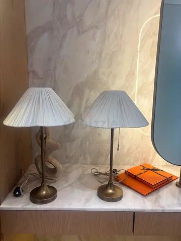 Pair of Brass Table Lamps with Pleated White Shades