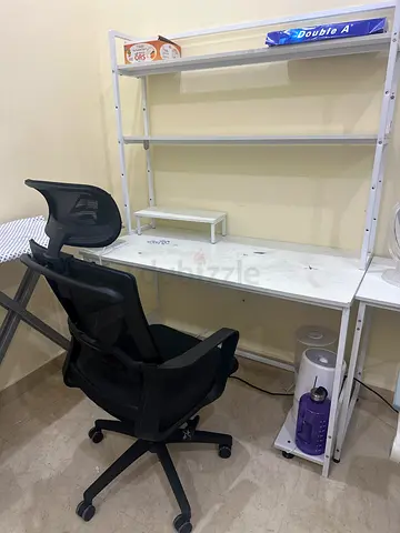 White metal shelving desk with ergonomic mesh office chair - used
