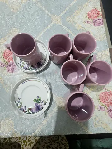 Set of 6 Purple Ceramic Mugs with Saucers - Good Condition
