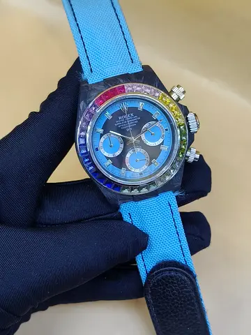 Rolex Colorful Rainbow Bezel Chronograph Master Copy Watch with Blue Strap