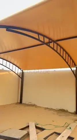 Used Metal Frame Car Parking Shade Canopy - Beige Fabric