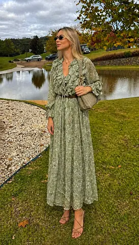 Zara Bloggers Favourite Ruffled Printed Dress in Sage Green