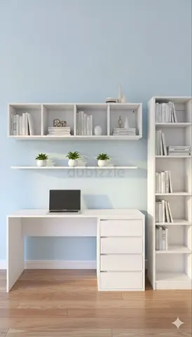 White Study Desk with Shelves and Tall Bookcase - Good Condition
