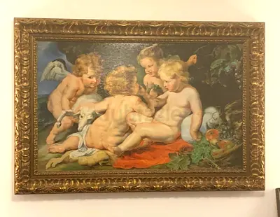 Framed Classical Cherubs Oil Painting with Ornate Gold Frame, after Peter Paul Rubens. ( year 1620)