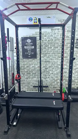 Adjustable Power Rack with Bench and Accessories - Good Condition