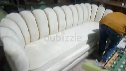 Curved White Velvet 4-Seater Sofa with Gold Trim — Good Condition