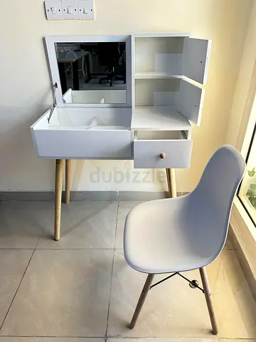 White Dressing Table with Mirror and Chair - Compact Vanity Set
