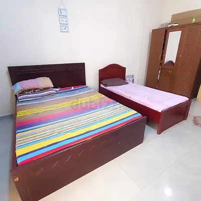Three Wooden Beds (Double + Single) with Wardrobe - Good Condition,