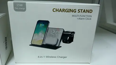 4-in-1 Wireless Charging Stand with Alarm Clock (15W Fast Charge)