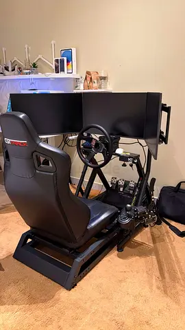 Complete Racing Simulator Rig with GT-style Seat, Wheel, Pedals and Triple Monitor Mount