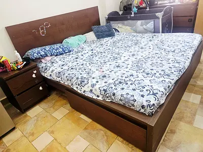 King size wooden bed frame with storage and matching nightstand
