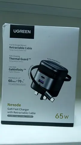 UGREEN Nexode 65W GaN Fast Charger with Retractable Cable (USB-C + USB-A)