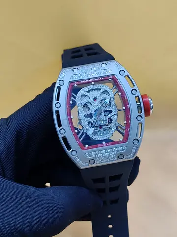 Richard Mille Mens Skeleton Skull Dial Sports Watch with stones Accents (Rubber Strap)