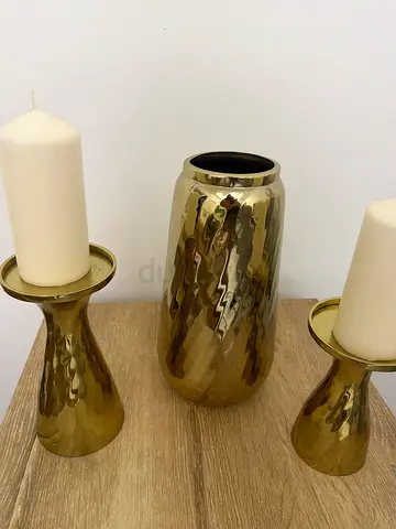 Set of 3 Gold Decorative Vases/Candle Holders - Hammered Metal