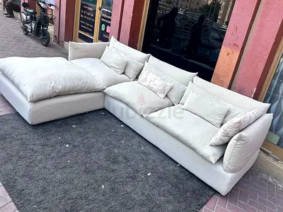 Marina home feather filled SLight Beige L-Shaped Fabric Sofa with Chaise — Comfortable Modern Design