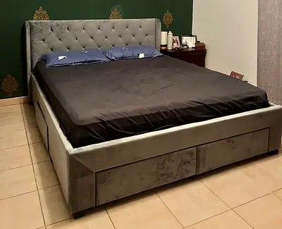 Grey Upholstered Bed with Storage Drawers and mattress