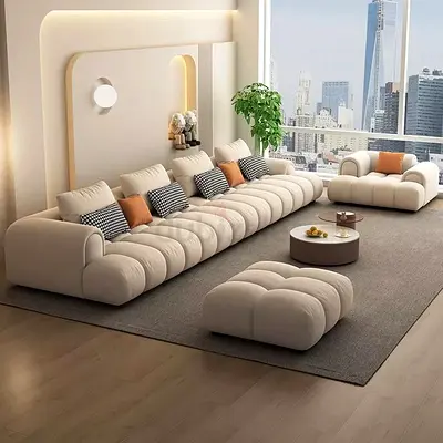 Modern Modular Cream Tufted Sofa Set with Ottoman