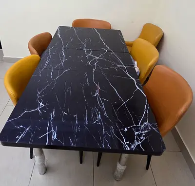 Black Marble Effect Dining Table with 6 Chairs - Good Condition