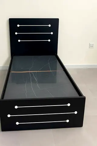 Single Black Bed Frame with Marble-effect Base and Modern Accents