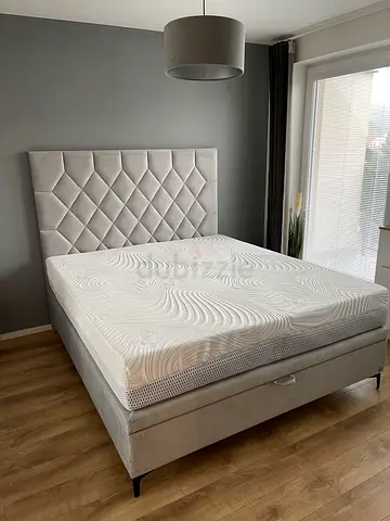 Velvet Upholstered Double Bed with Headboard and Storage - Light Grey