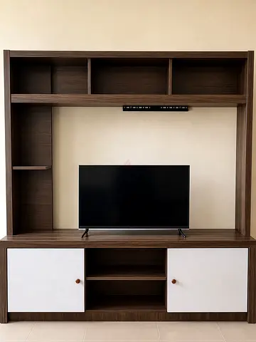 Wooden TV Entertainment Unit with Storage Shelves - Dark Brown