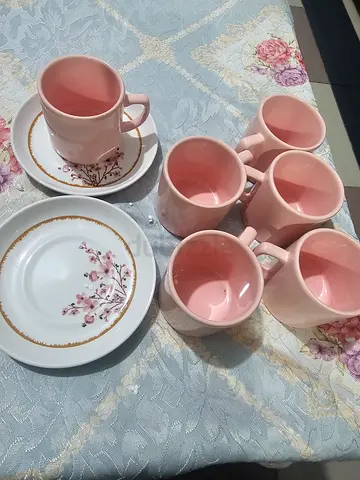Set of 6 Pink Ceramic Cups with Saucers - Floral Design