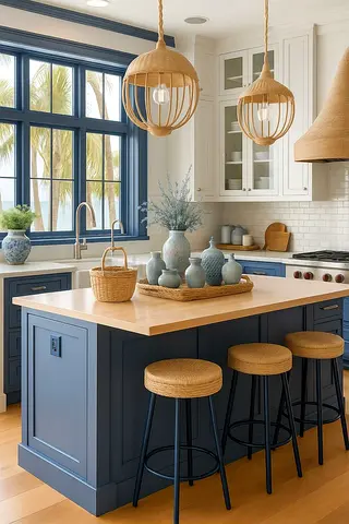 Solid Wood Kitchen Island with Blue Base and Natural Top — Seats 3