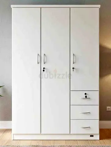White 3-Door Wardrobe with Drawers - Good Condition