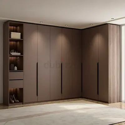 Corner L-shaped Modern Wardrobe with Open Shelves - Brown