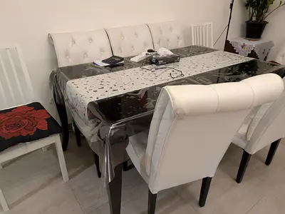 Glass Top Dining Table with 6 Cream Tufted Chairs - Good Condition (leaving the country)