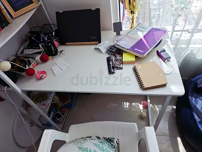 Simple white study desk with shelf — good condition