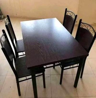 Wooden Dining Table with 4 Metal-Backed Chairs - Dark Finish