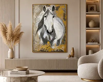 Original Hand-Painted White Horse Canvas Painting 90x60cm (free Dubai delivery)
