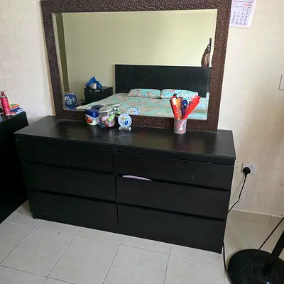 IKEA Hemnes-style 6-drawer Dresser with Large Mirror - Dark Brown