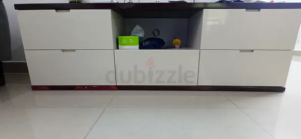 Low white TV cabinet / media console with storage drawers