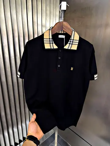 Black Polo Shirt with Check Collar - Size M (Burberry Style)