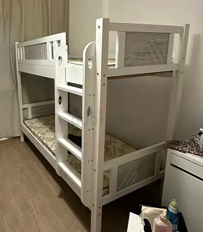 Solid White Wooden Bunk Bed - Twin Over Twin, excellent Condition with mattresses