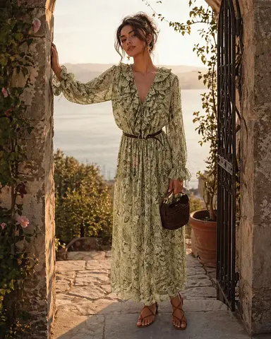 Zara Bloggers Favourite Ruffled Printed Dress in Sage Green