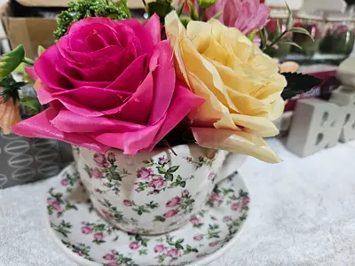 Vintage Floral Teacup Arrangement with Pink  Cream Roses