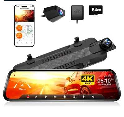 WOLFBOX G930 10 Rear View Mirror Camera with 5.8GHz WiFi, 4K Dash Cam