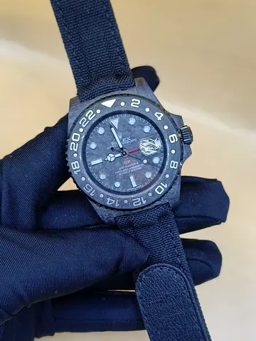 Rolex Mens Black Tactical GMT Style Master Copy Watch with Fabric Strap