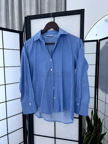 STRADIVARIUS Blue Striped Womens Long Sleeve Shirt - Good Condition