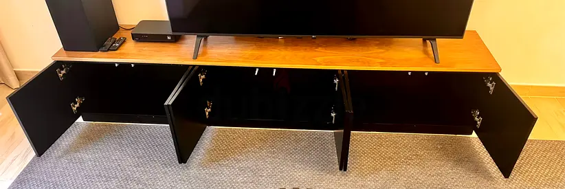 Low-profile TV Entertainment Unit with Storage Cabinets - Wood Top, Black Body
