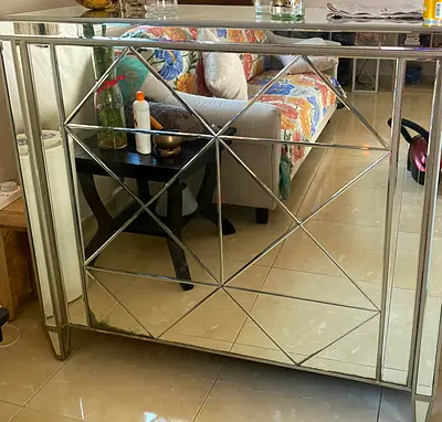 Mirrored Console Cabinet with Geometric Detailing - Good Condition