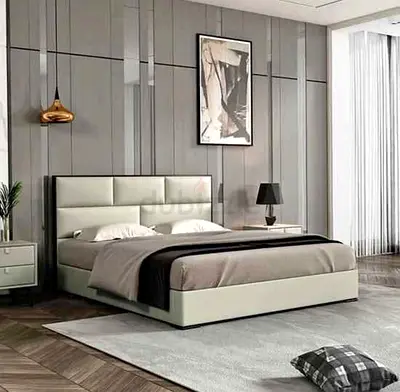 Elegant Queen size fully customisable bed in soft Fabric Hydraulic storage can be installed
