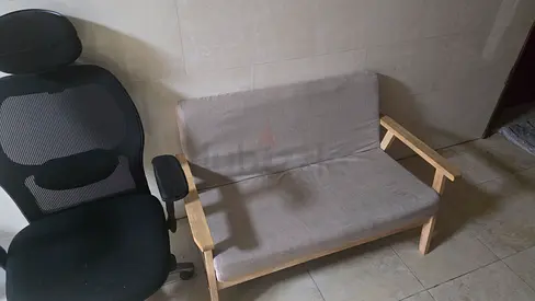 Compact 2-Seater Wooden Sofa with Light Grey Cushion