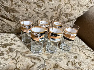 Set of 6 Tall Glasses with Gold  Black Banding - Excellent Condition
