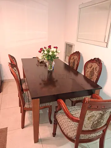 Solid Wood Dining Table with 6 Upholstered Chairs - Classic Design